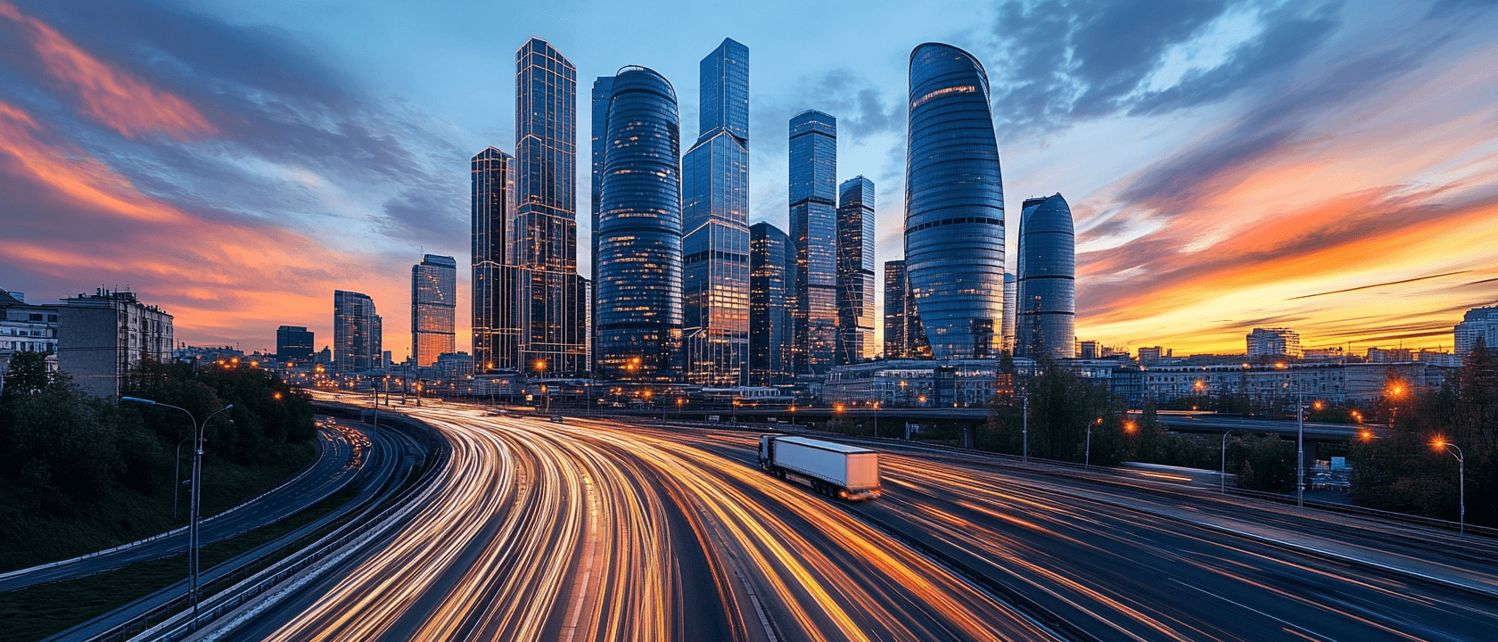 Грузовик на фоне Москва-Сити